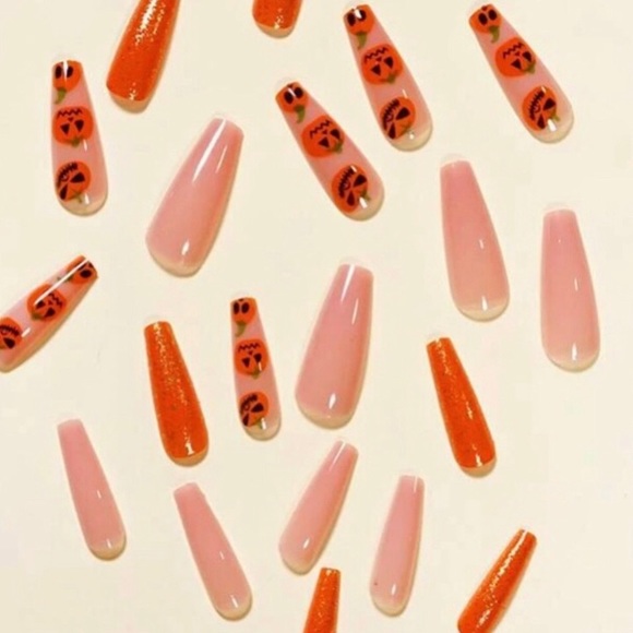 SOLD LAST CHANCE! Halloween Pumpkin Long Press On Nails - Picture 2 of 2